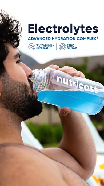 electrolyte drink, sports drink, hydration drink, electrolyte water, fitness drink, recovery drink, vitamin water, product launch, brand awareness, lifestyle, fresh, trustworthy, blue, neutral